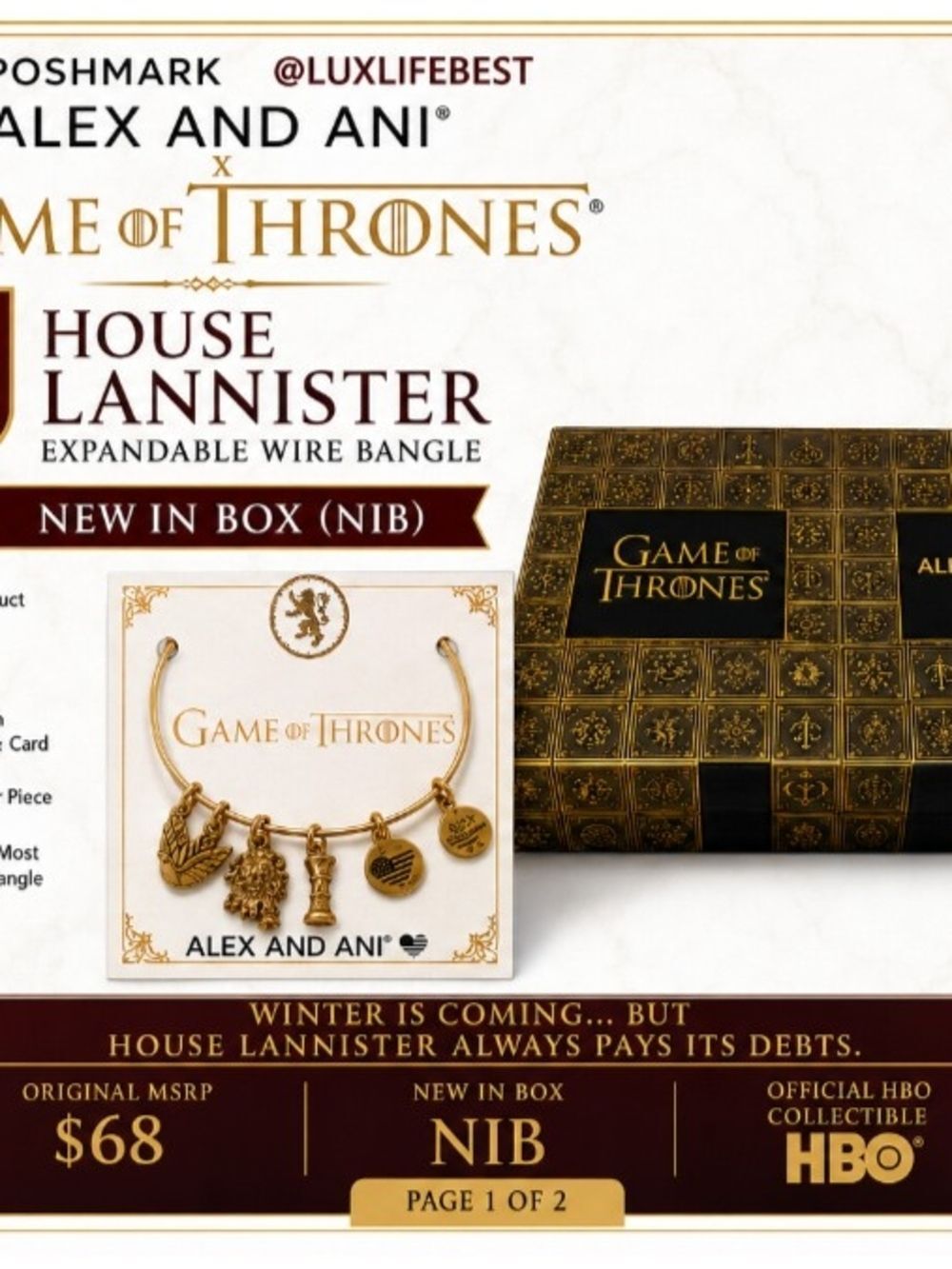 Alex and Ani Game of Thrones House Lannister Bangle Charm Bracelet Gold NIB NWT